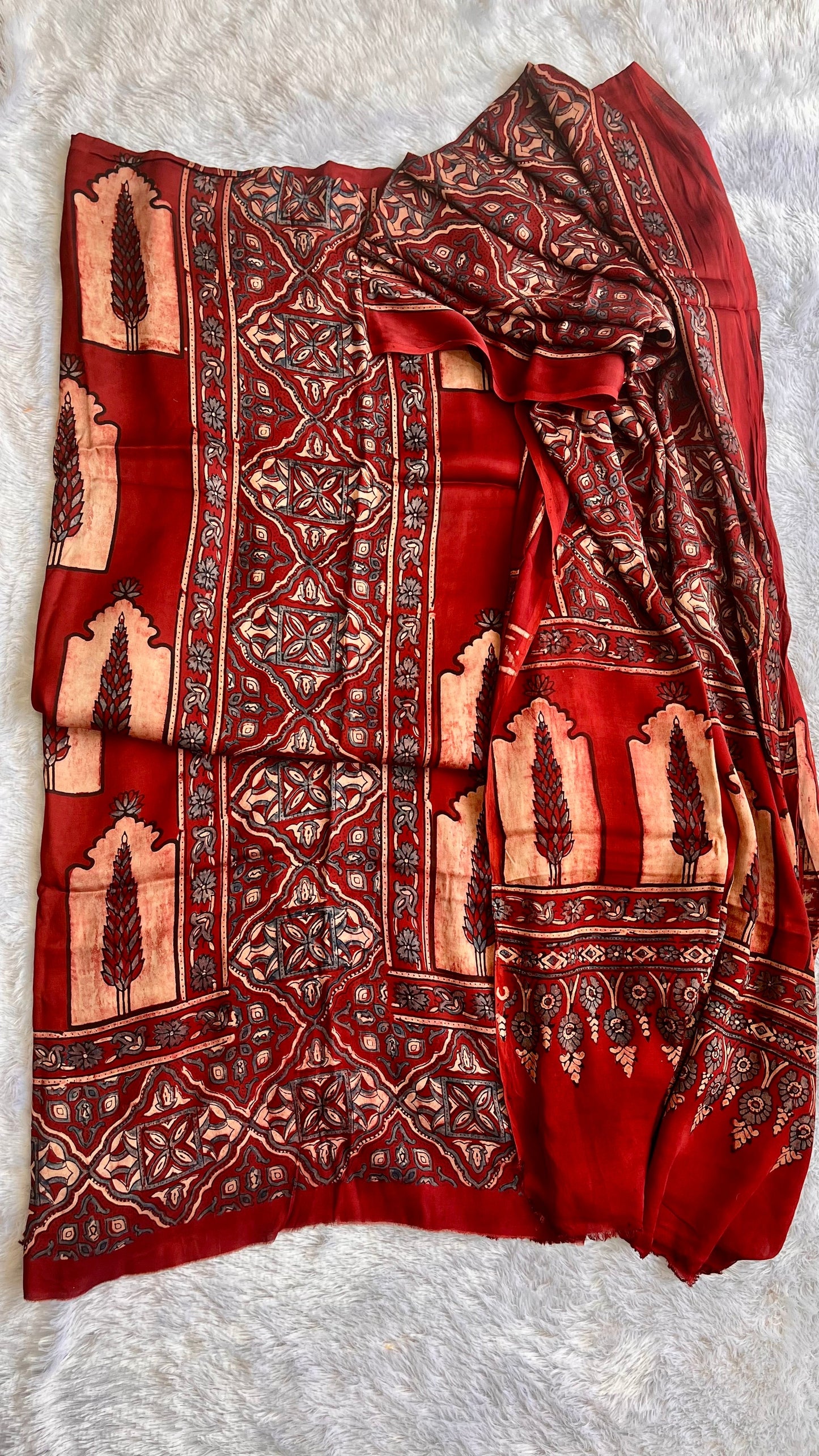 Deep Red Jharokha and Buta Motif Modal Silk Ajrakh Hand Block Suit Set