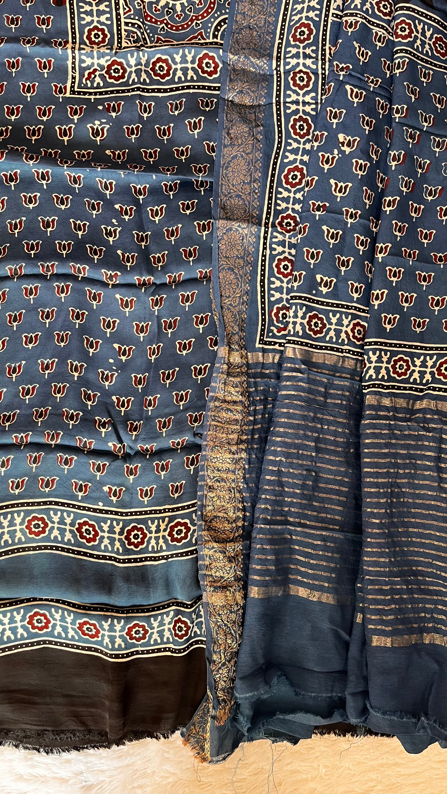 Blue Kamal Buti Ajrakh Pure Modal Silk 2pc Suit Material with Dola Silk Dupatta