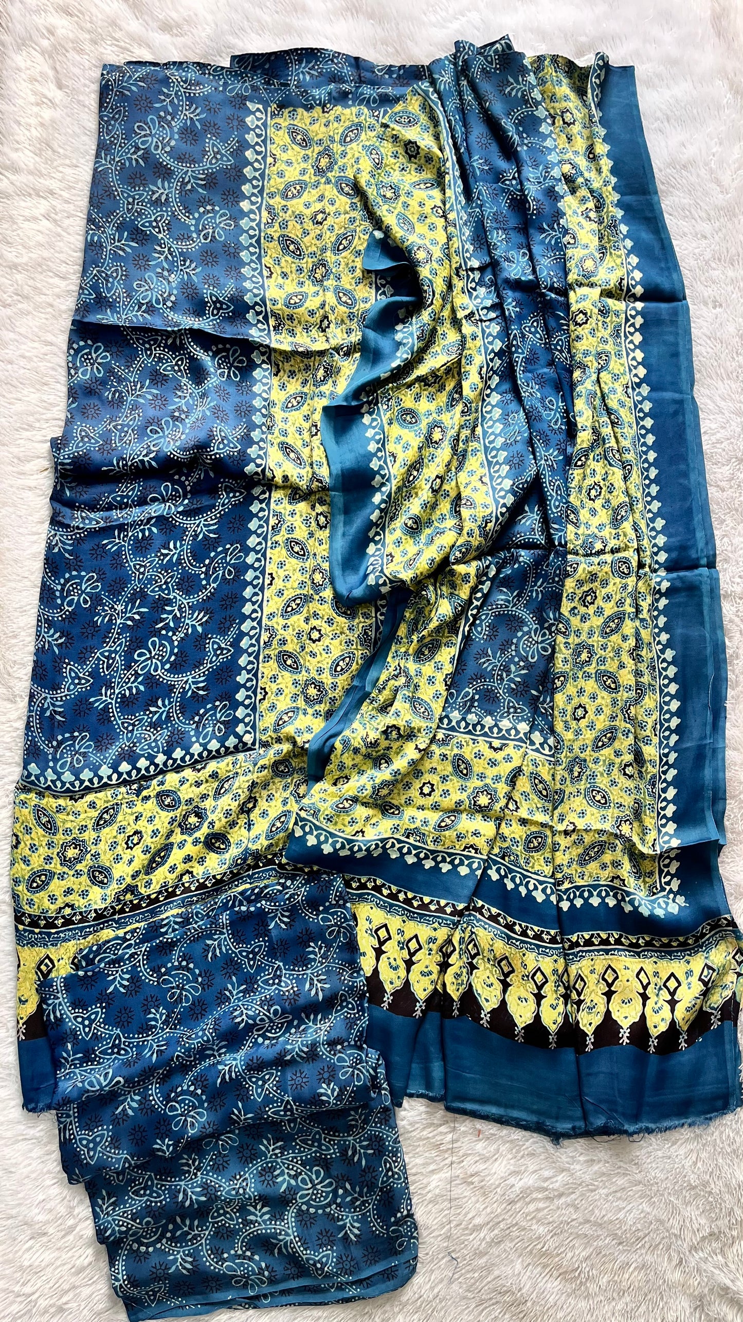 Indigo Small Buti Motif Modal Silk Hand Block Print 3 Piece Suit Material Set