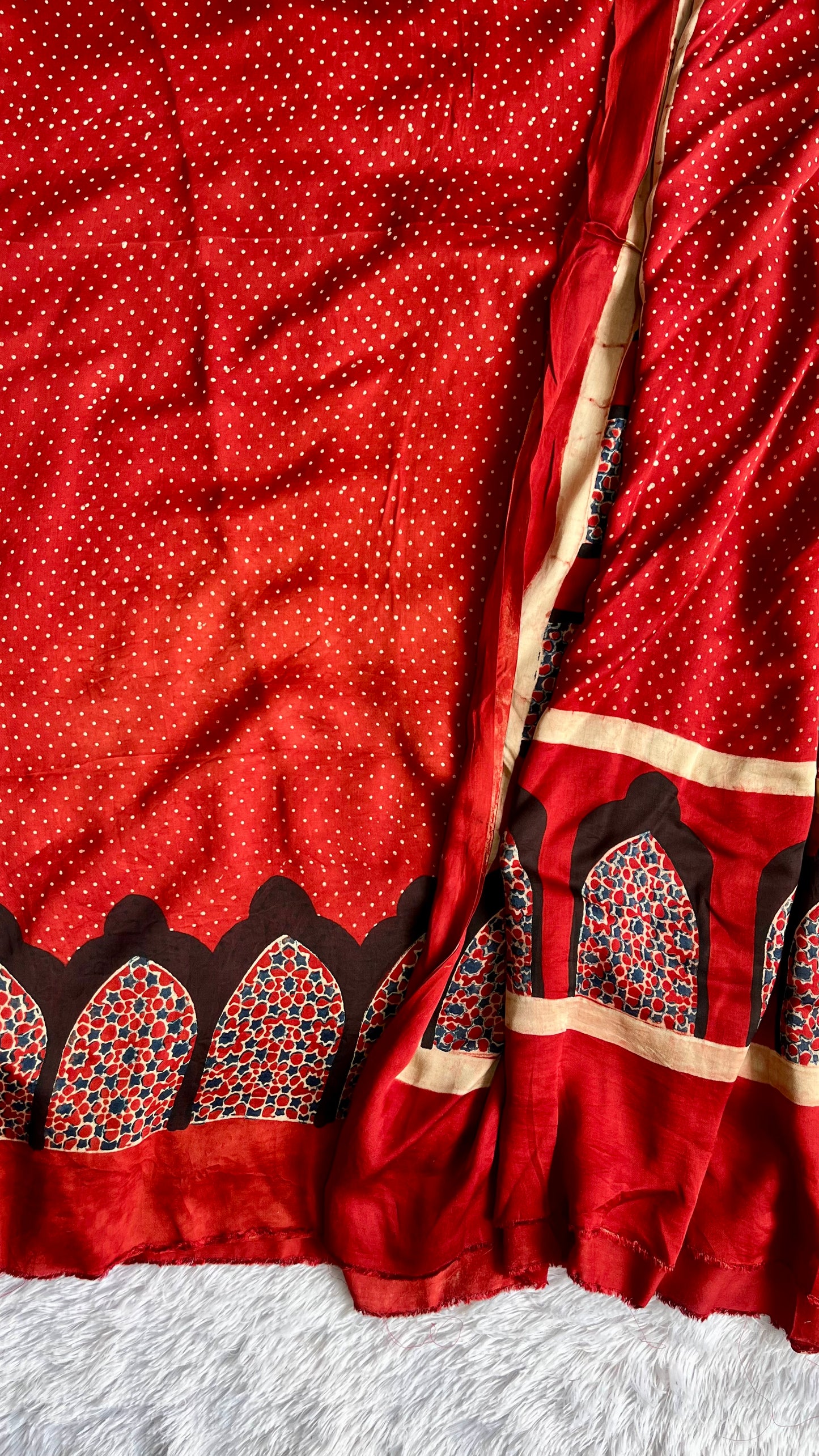 Ravishing Red Jharokha Motif Modal Silk Ajrakh Hand Block Print 2pc Suit Material Set