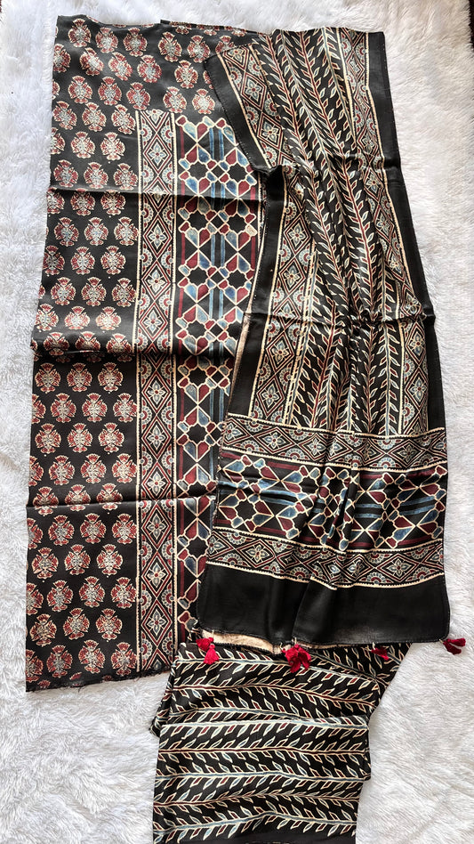 Black Small Booti Motif Ajrakh Hand Block Print Mashru Silk 3 pc Suit Material with Tassels