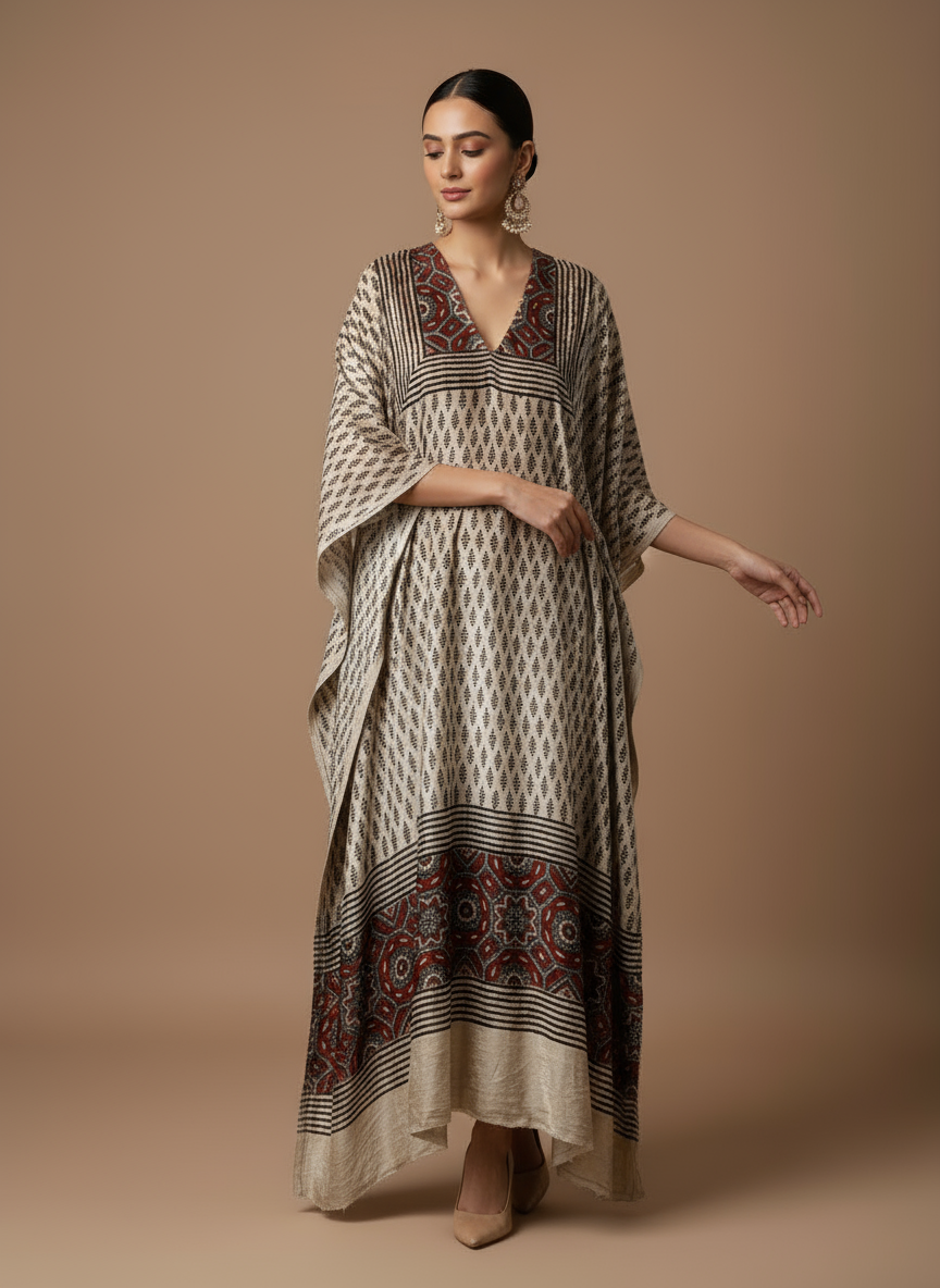 Off White and Red Jaal Buta Velvet Fabric Ajrakh Hand Block Print Designer Unstitched Fabric (Kurta Only)