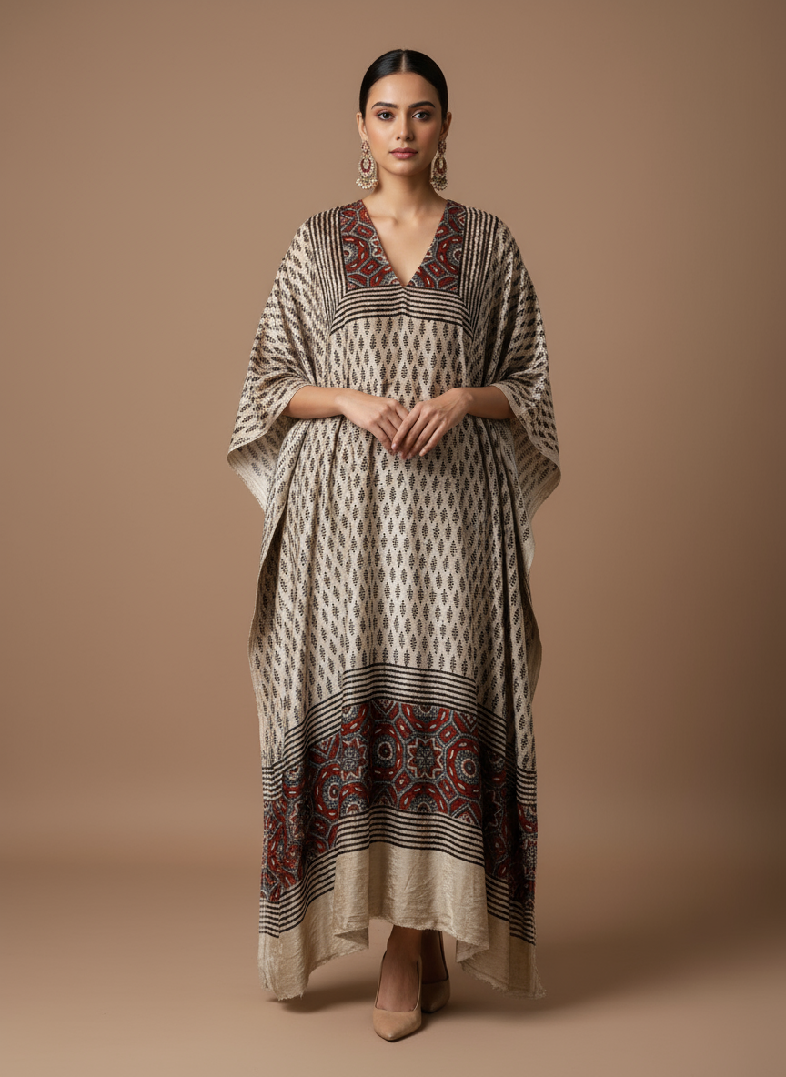 Off White and Red Jaal Buta Velvet Fabric Ajrakh Hand Block Print Designer Unstitched Fabric (Kurta Only)