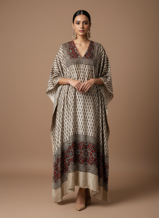 Off White and Red Jaal Buta Velvet Fabric Ajrakh Hand Block Print Designer Unstitched Fabric (Kurta Only)