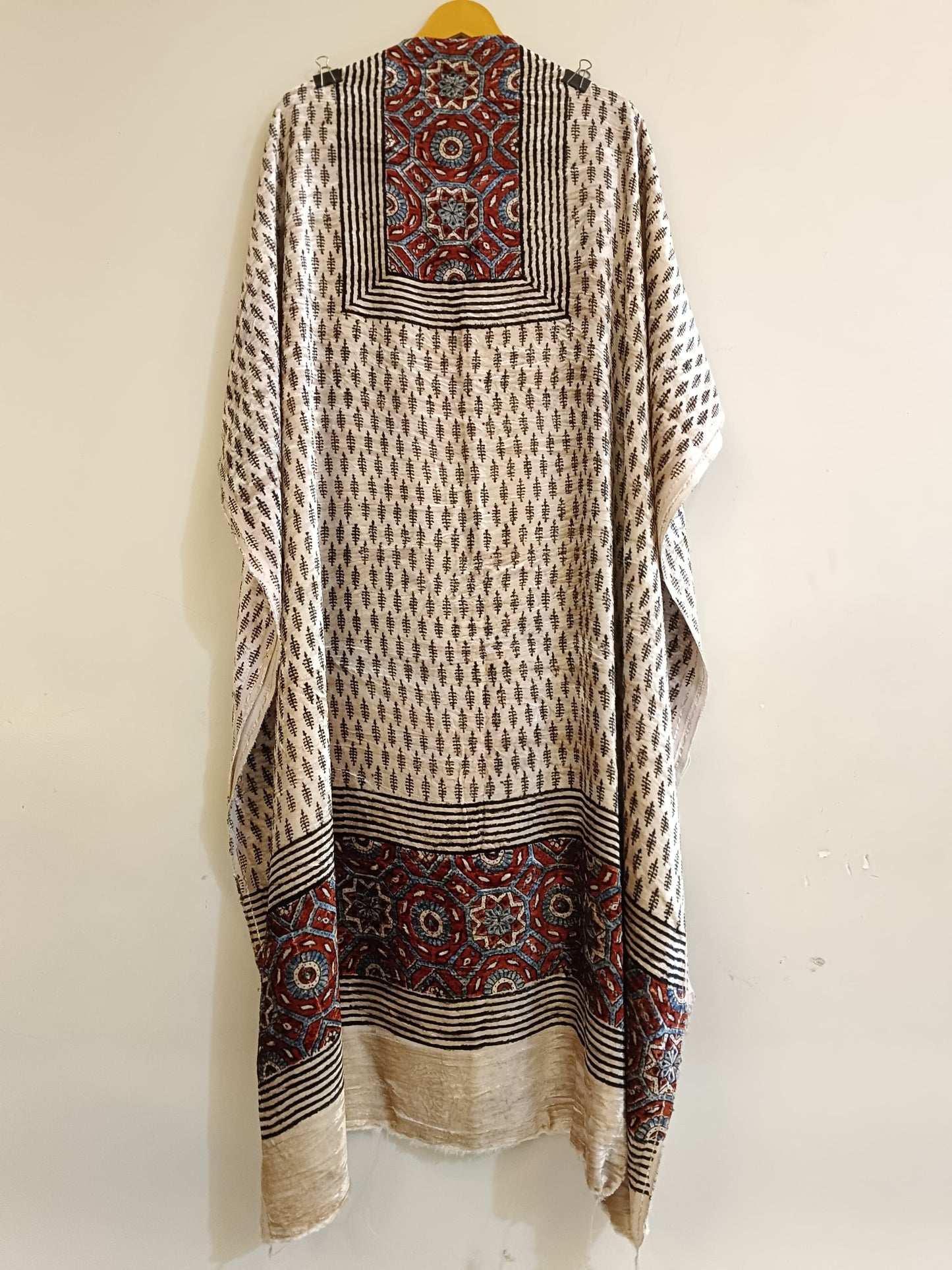 Off White and Red Jaal Buta Velvet Fabric Ajrakh Hand Block Print Designer Unstitched Fabric (Kurta Only)