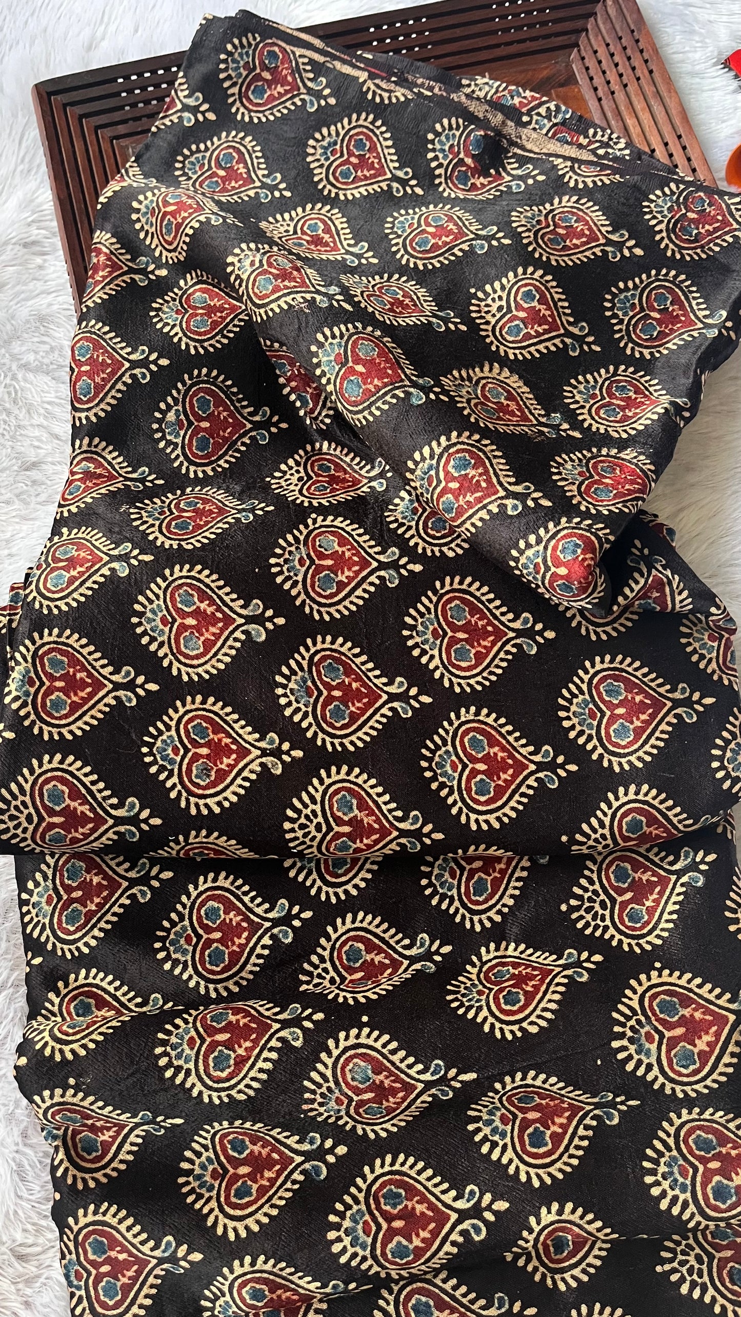 Black Pan Motif Ajrakh Mashru Silk fabric