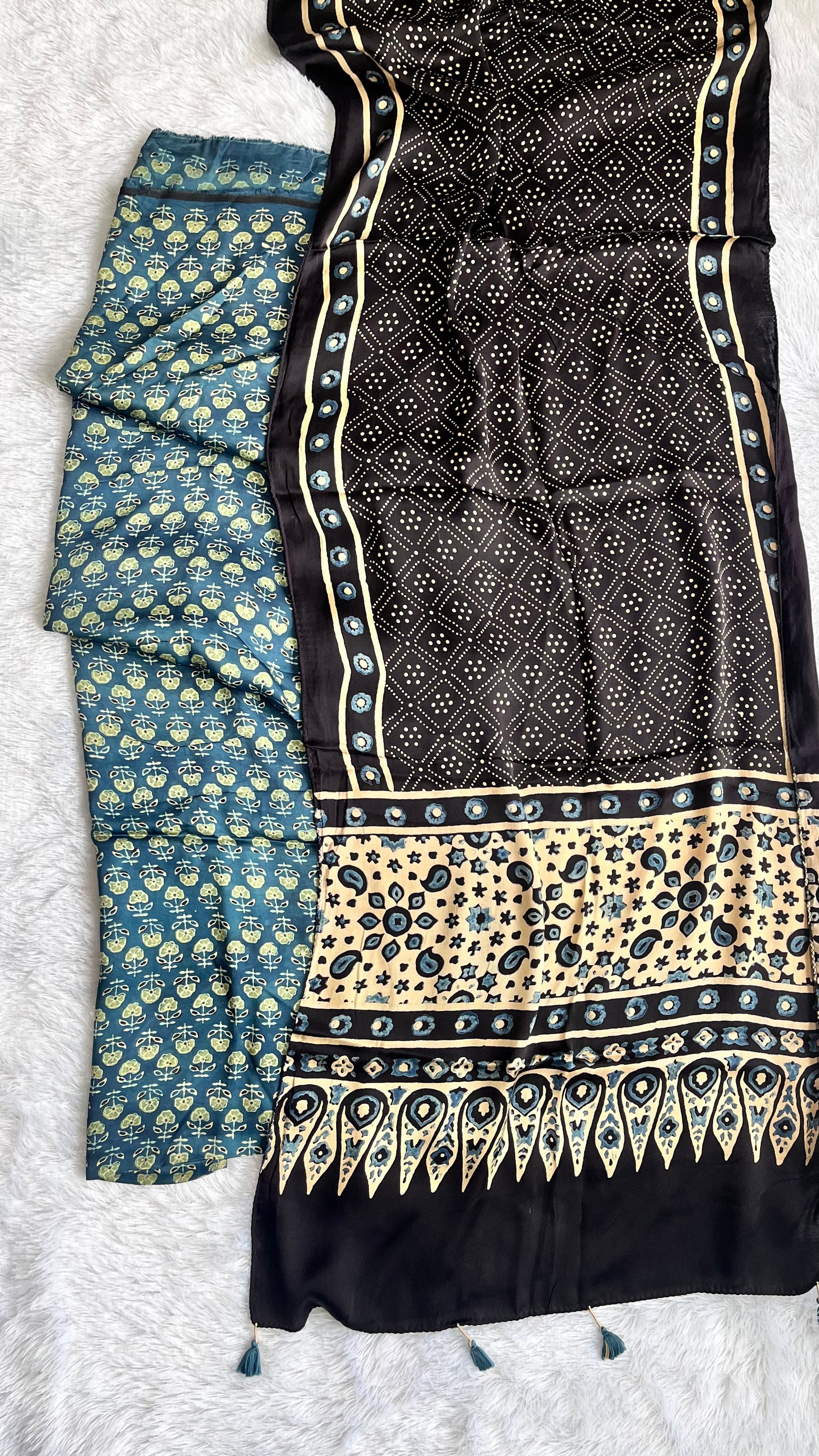 Indigo Choti Buti Motif Modal Silk Hand Block Print 2pc Suit Material Set ( Top and Stole)