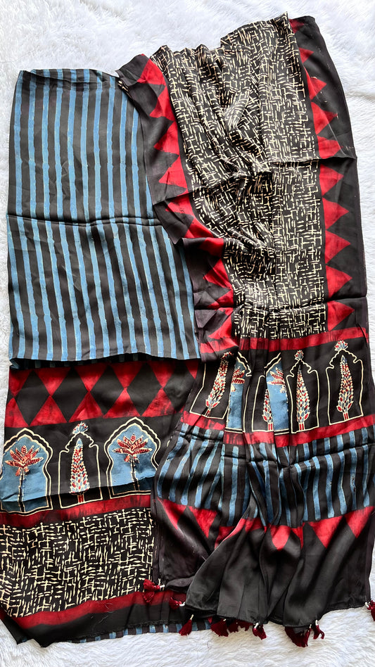 Blue Dhaari and Jahrokha Pure Modal Silk Suit Set with Modal Silk Dupatta