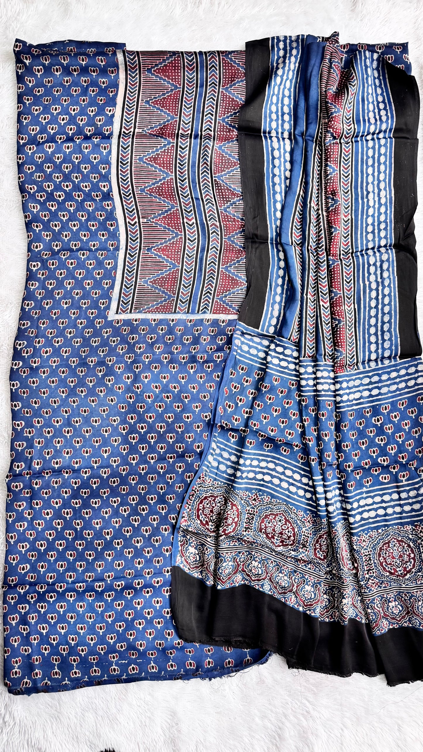 Blue Small Kamal Motif Modal Silk Hand Block Print 2pc Suit Material Set