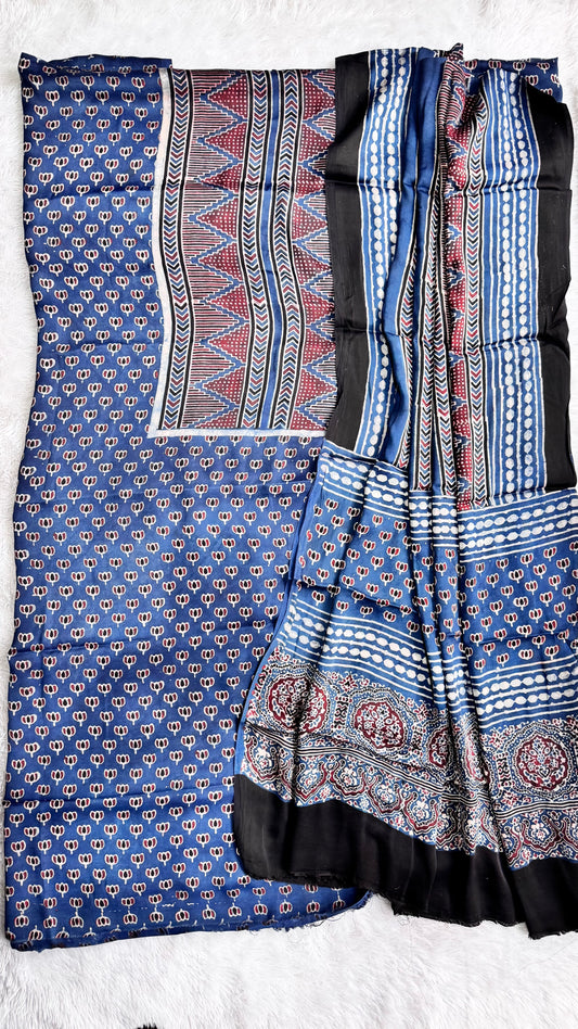 Blue Small Kamal Motif Modal Silk Hand Block Print 2pc Suit Material Set