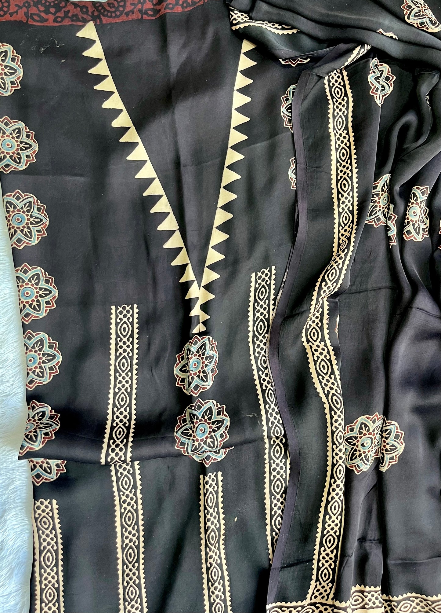 Mesmerising Black Modal silk Shirt with Ajrakh Modal Silk Dupatta