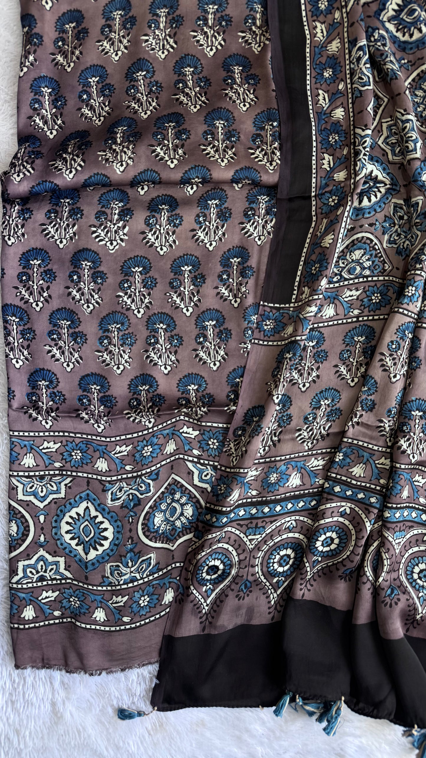 Ash Brown Mugal Buta Motif Ajrakh Hand Block Modal Silk 2pc Suit Material Set with Modal Silk Dupatta