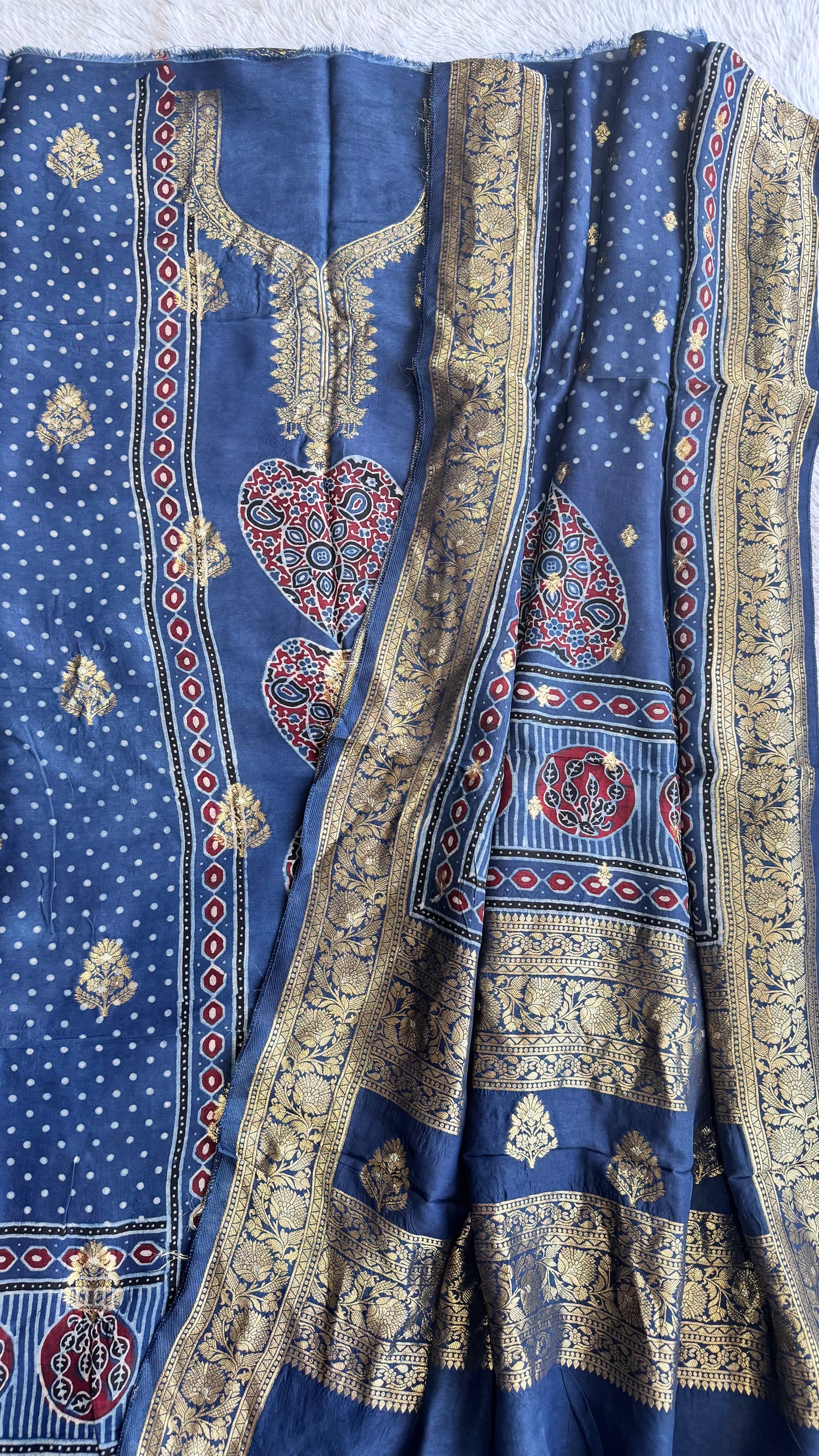 Blue Heart Boota Pure Dola Silk Ajrakh Hand Block Print 2pc Suit Material Set with Zari Yoke and Nakkashi Dupatta