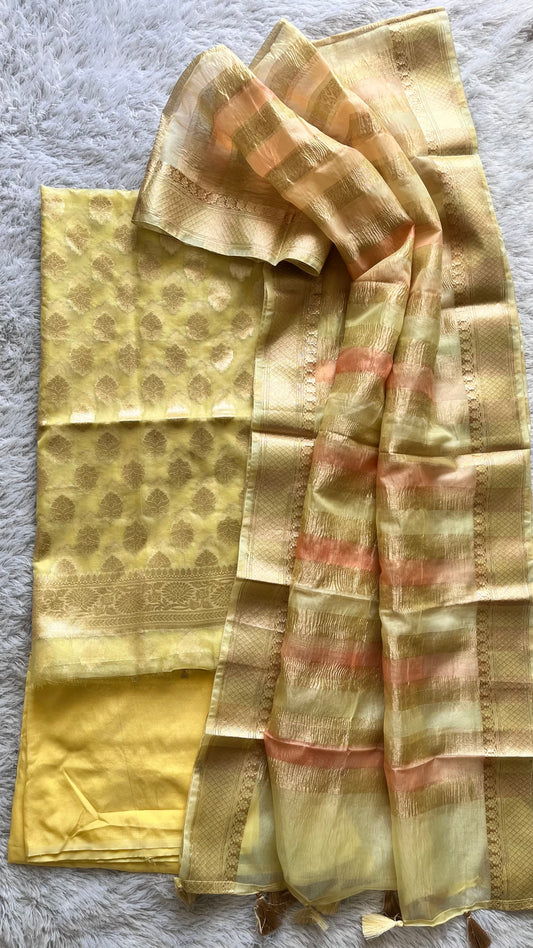 Yellow Shade Banarasi Tissue Silk 3-Piece Suit with Threadwork & Crushed Organza Dupatta