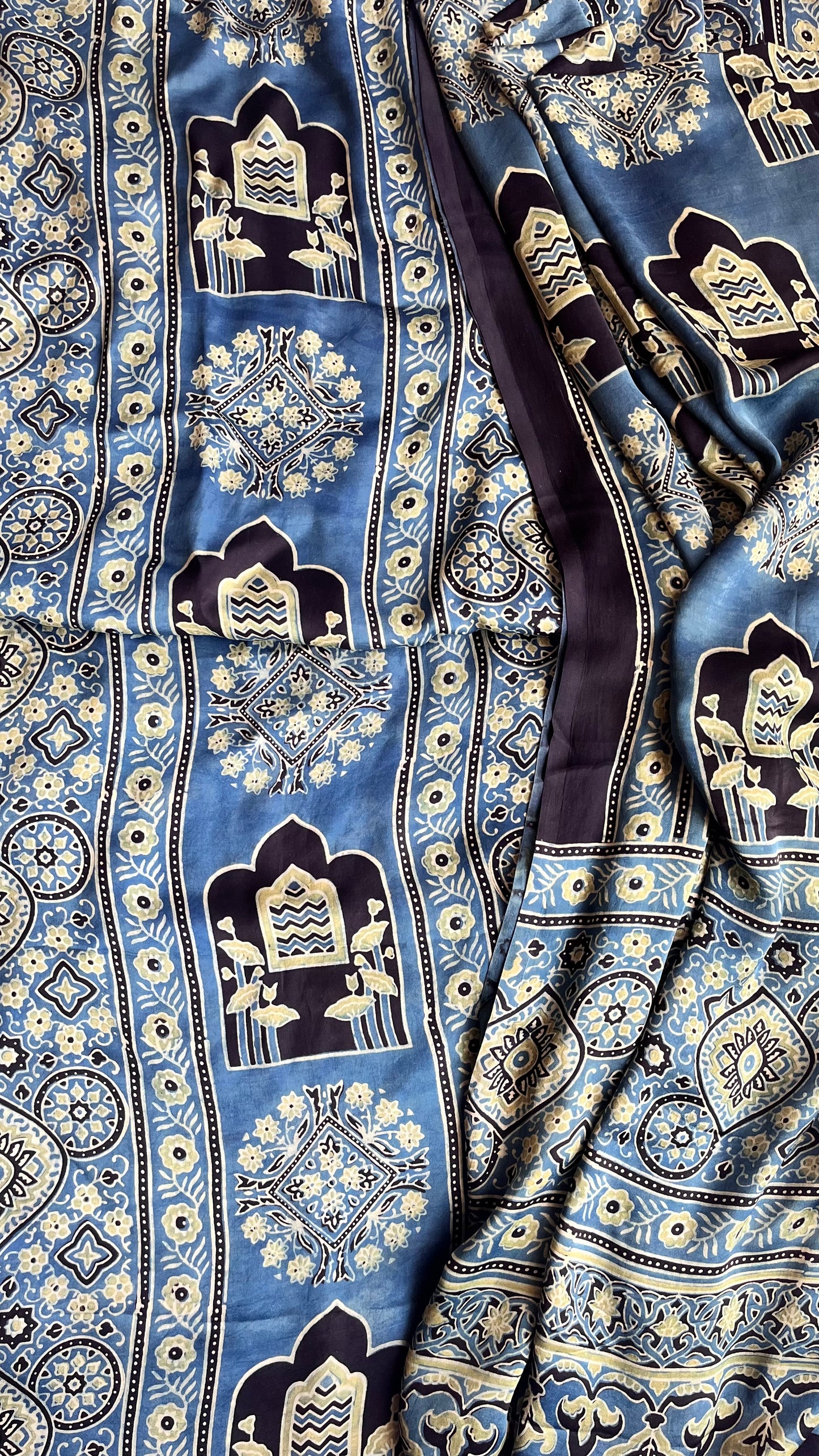 Indigo Lotus Flower Print Modal Silk Ajrakh Natural Dyed Hand Block Print 2pc Suit Material Set