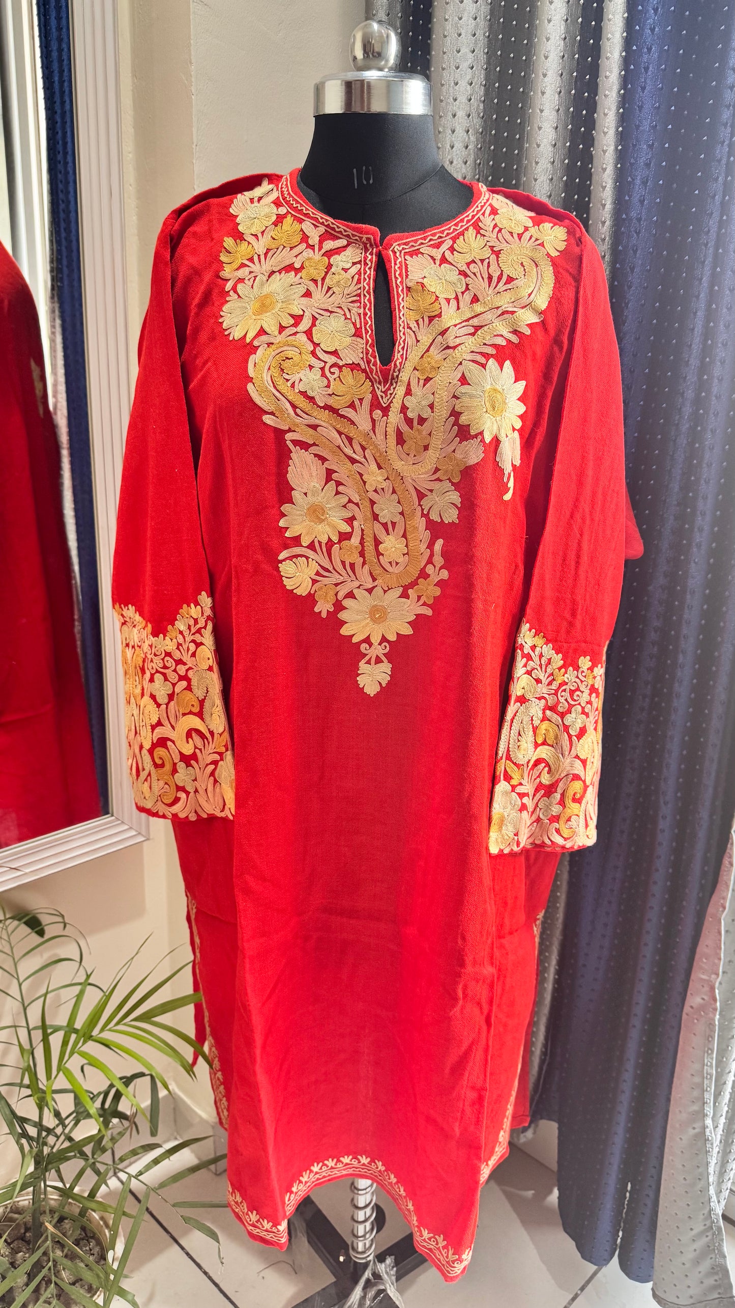 Chatpata Laal Shade Hand Embroidered Pure Marino Wool Kashmiri Pheran with Pockets and Hand Embroidered Sleeves (Size 56”)