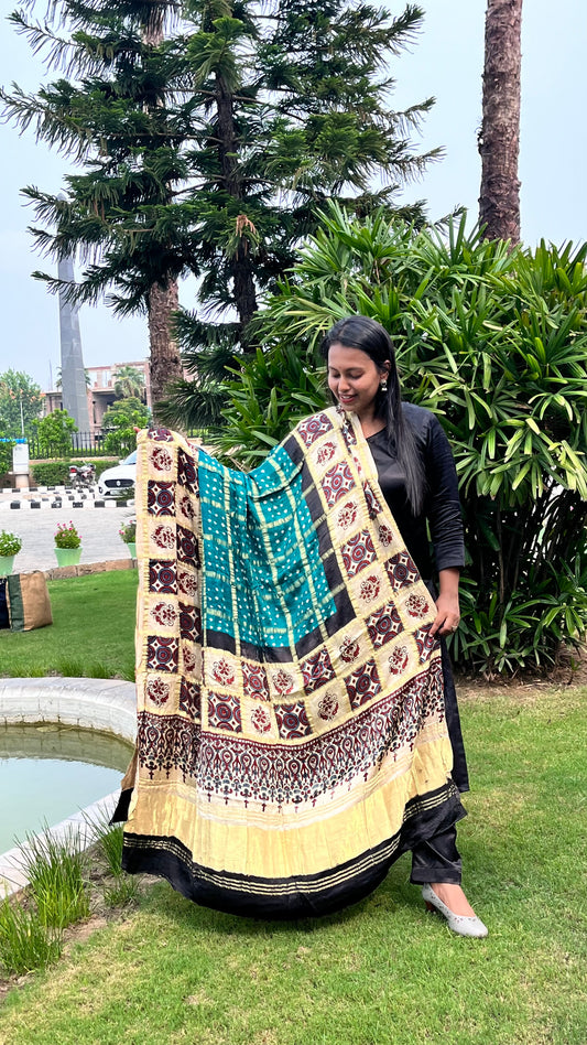 Rama Green Gharchola Modal Silk Bandhani Ajrakh Dupatta with Lagdi Patti