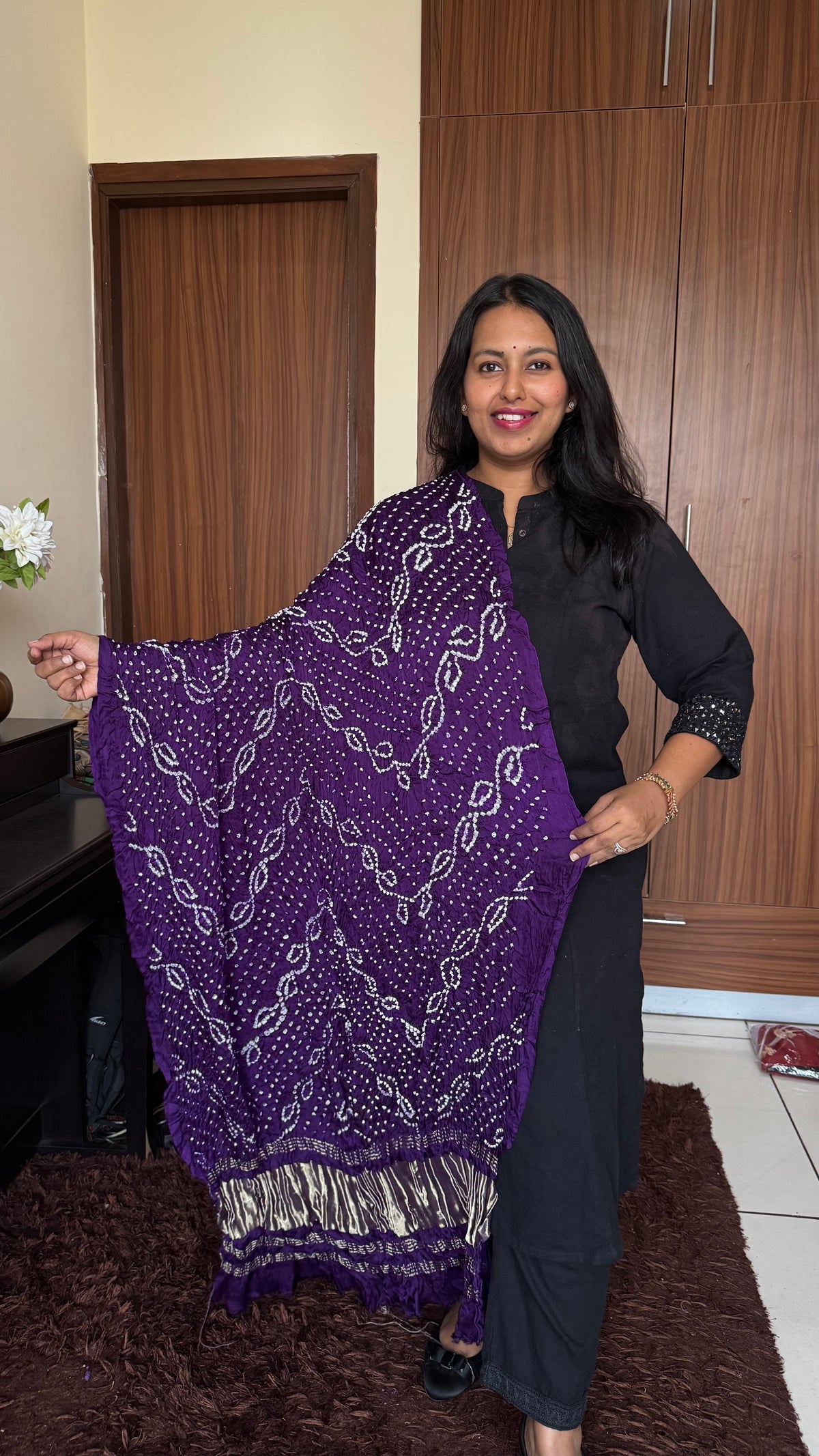 Purple Shade Bandhej Modal Silk Dupatta with Lagdi Patti