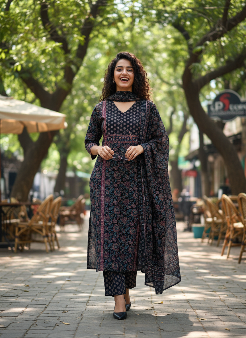 Black Ajrakh Print Pure Cotton Suit Set with Cotton Dupatta