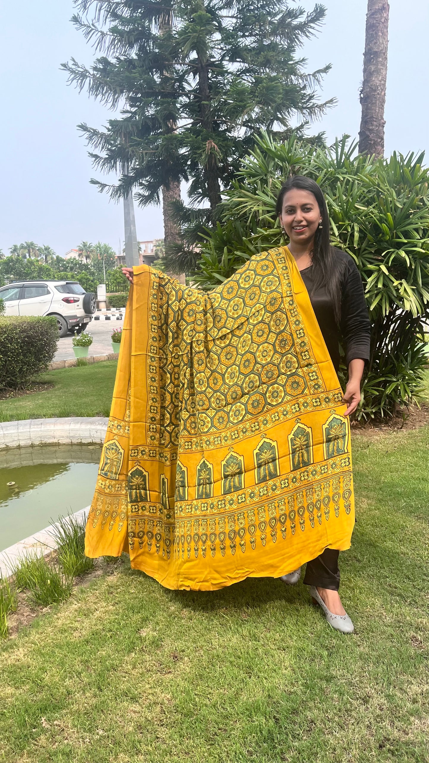 Yellow Grid Motif Ajrakh Handblock Printed Modal Silk Dupatta
