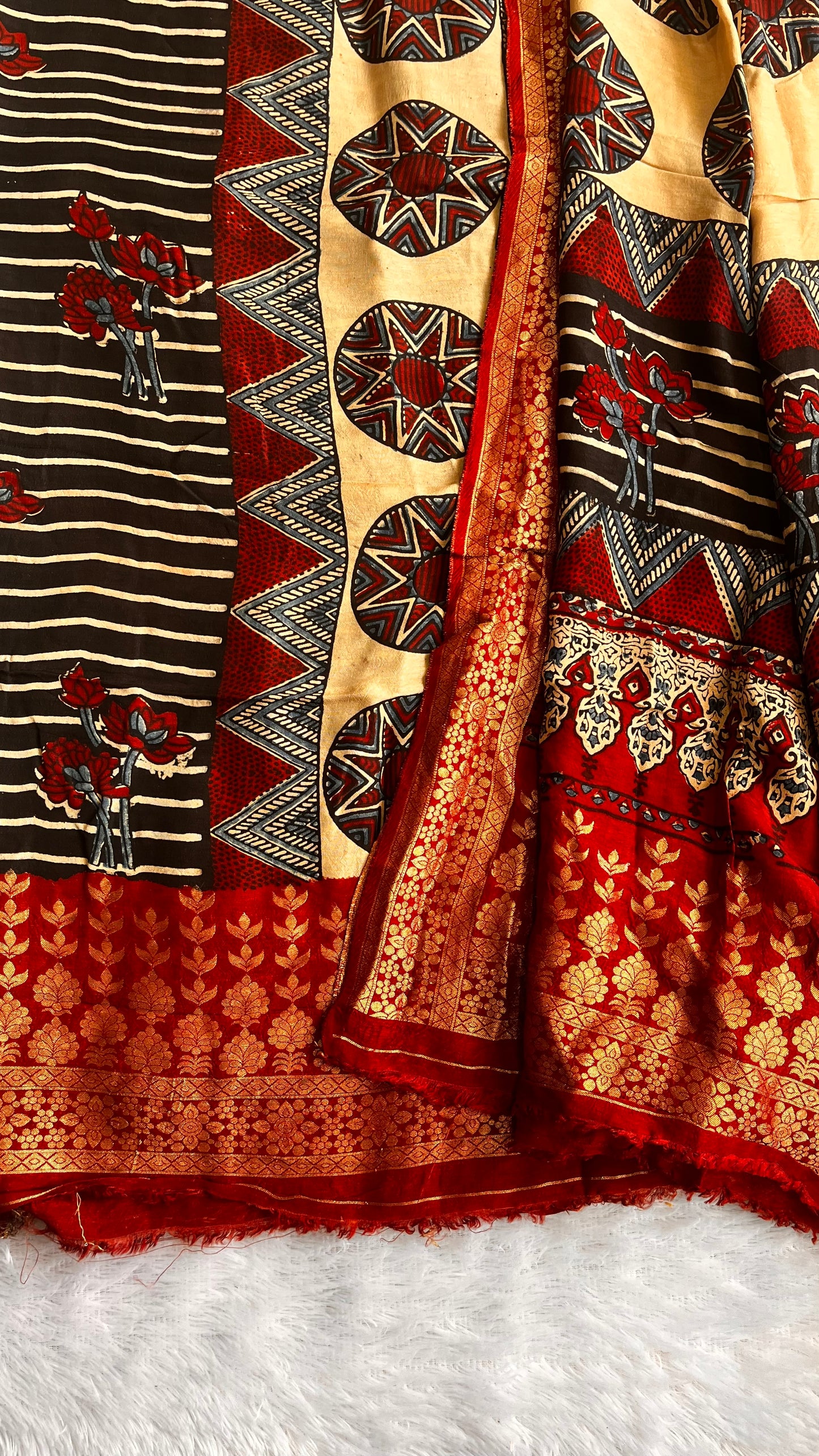 Deep Red and Black Dola Silk Ajrakh 2 pc Suit Set with Nakkashi Work