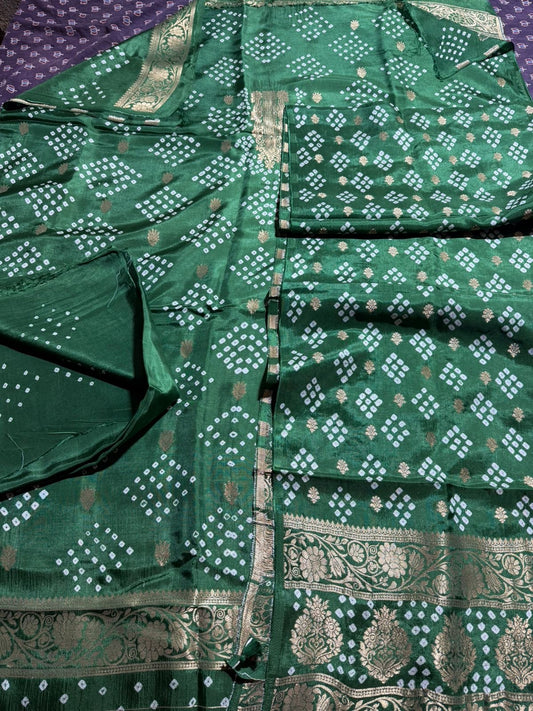 Haryali Green Raidana Bandhej Pure Dola Silk Ajrakh Hand Block Print 3 pc Suit Material Set with Menakari Yoke and Nakkashi Dupatta and Bottom