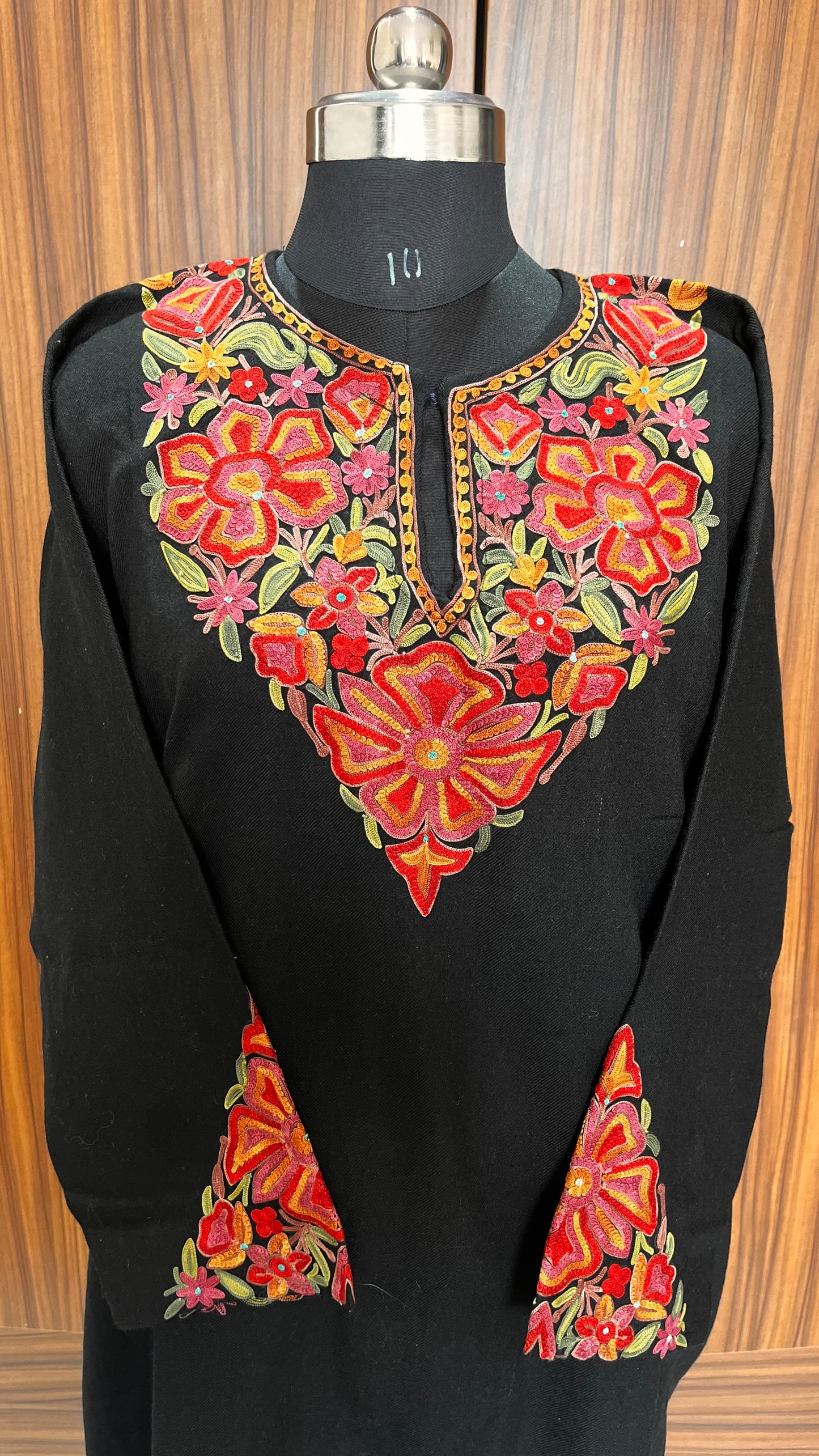 Majestic Black Hand Embroidered Pure Marino Wool Pheran with Pockets