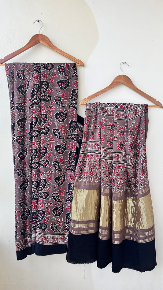 Rasin Shade Floral Booti Ajrakh Hand Block Natural Dye Modal Silk Lagdi Patti Saree With Blouse