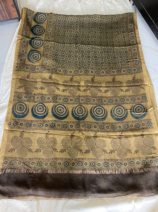 Yellowish Green Ajrakh Handblock Printed Kota Saree with Zari and Tassels