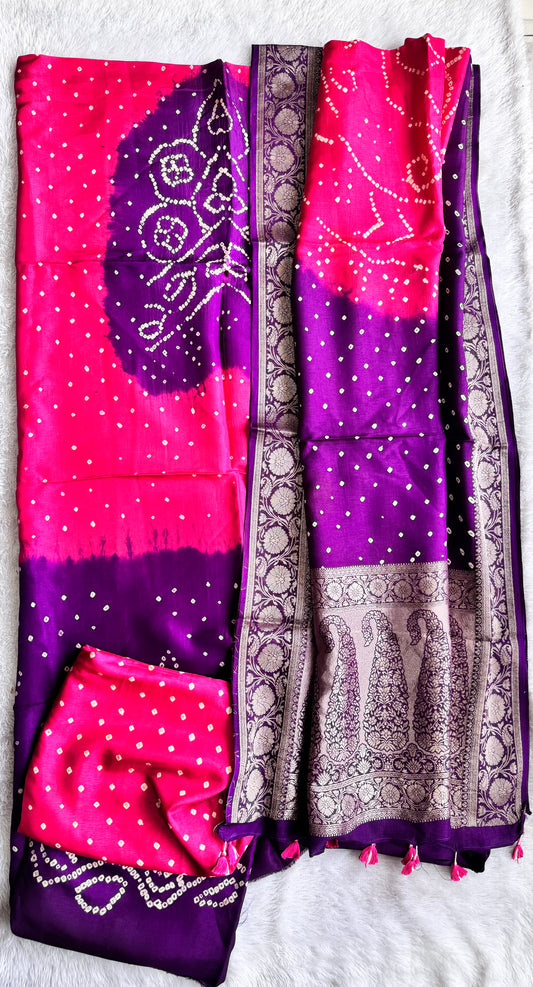 Pink and Purple Bandhej Pure Dola Silk Ajrakh Hand Block Print 3 pc Suit Material Set with Menakari Yoke and Nakkashi Dupatta and Bottom