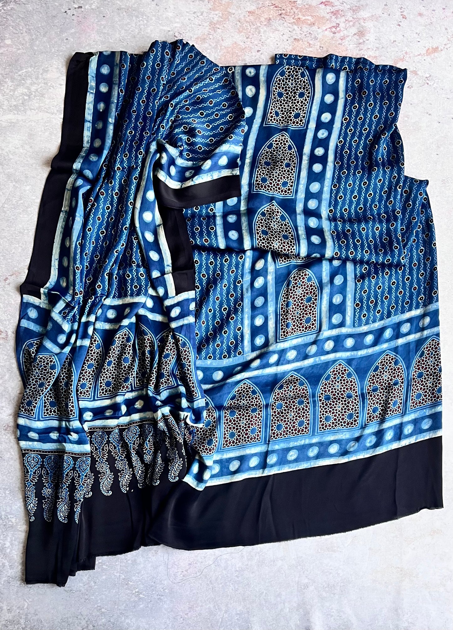 Blue and White Jharokha Motif Modal Silk Ajrakh Natural Dyed Hand Block Print 2pc Suit Material Set