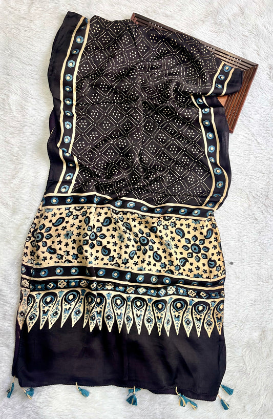 Black Rai Dana Motif Ajrakh Hand Block Print Modal Silk Stole with Tassels