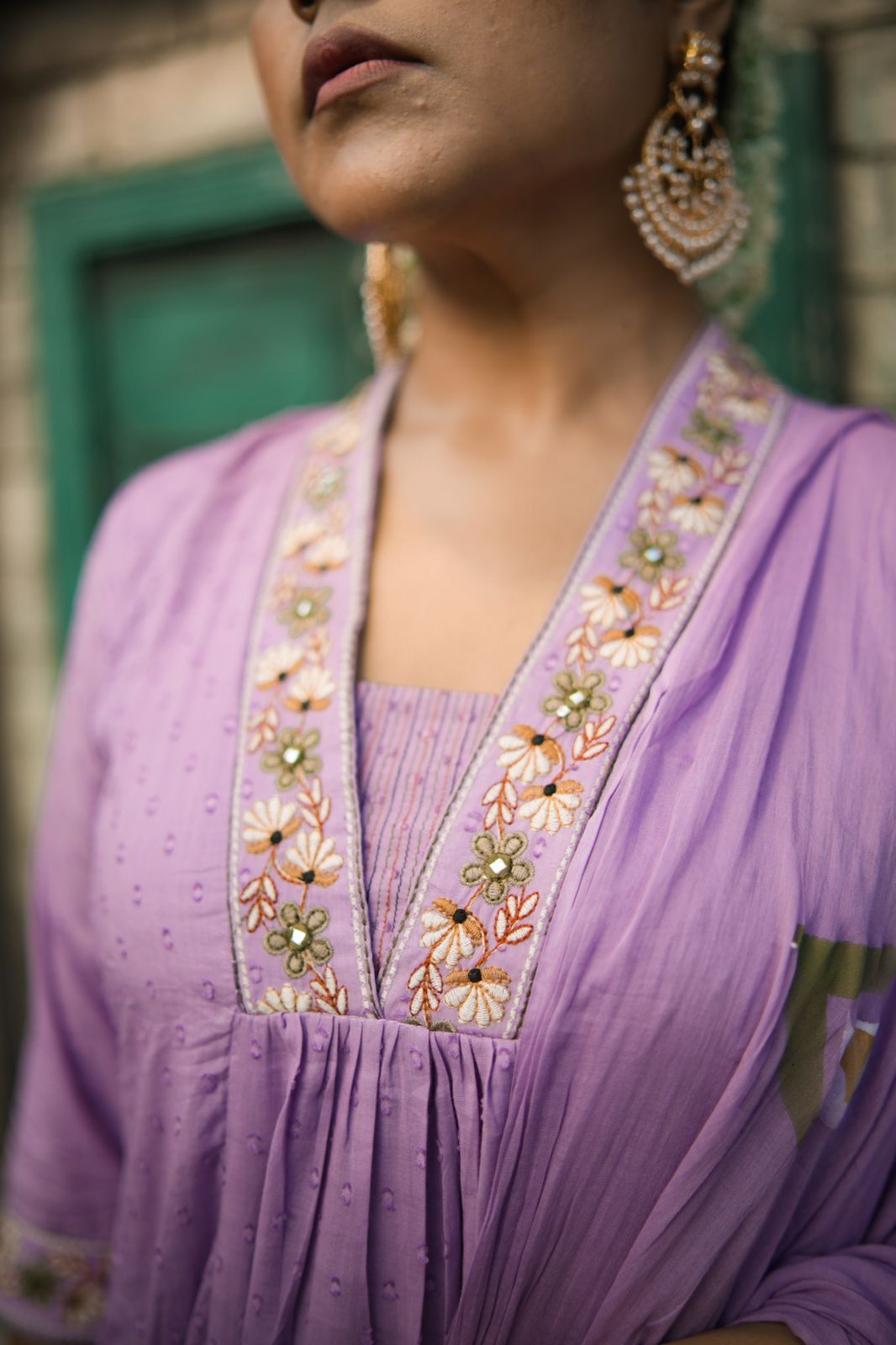 Lavender Floral Print with Embroidery Dobby Cotton Suit Set with Cotton Dupatta