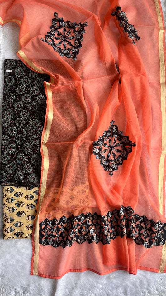 Black Buti Motif Pure Cotton Ajrakh Unstitched Suit Set with Ajrakh Applique Kota Dupatta