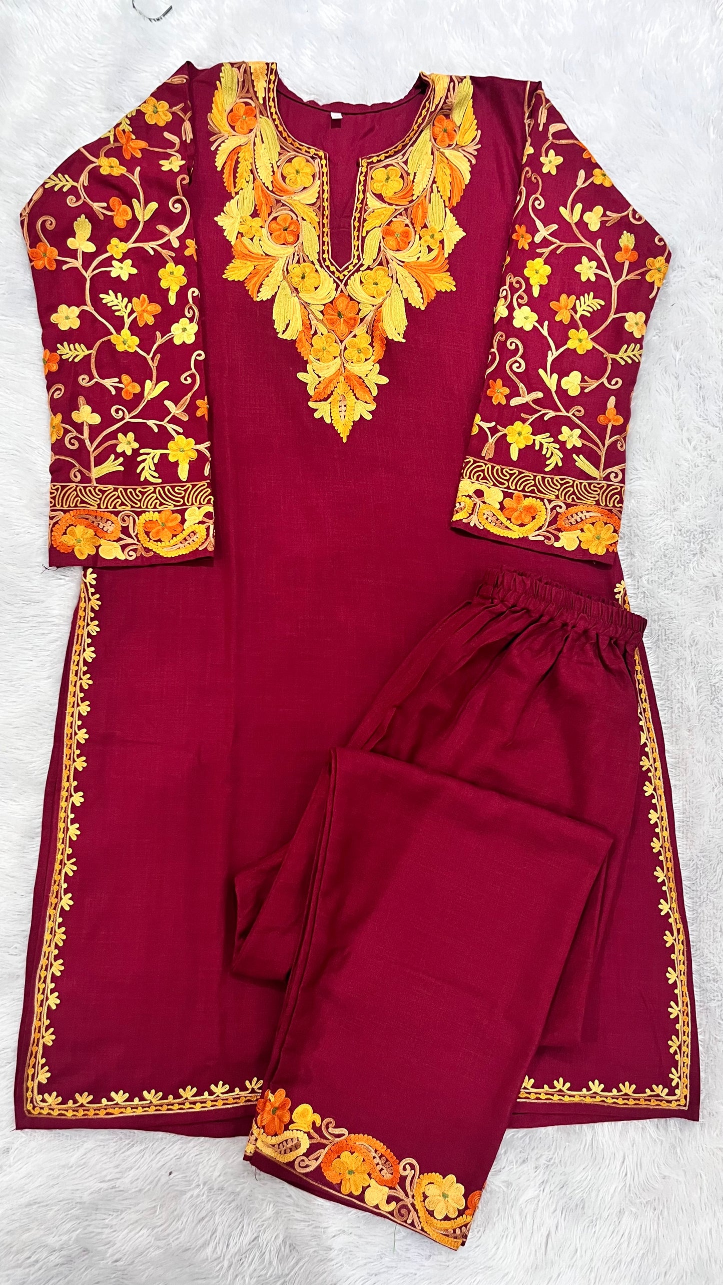 Maroon Floral Threadwork Pure Cotton Kashmiri Embroidery Kurta and Pant Set ( Size 40, 42)