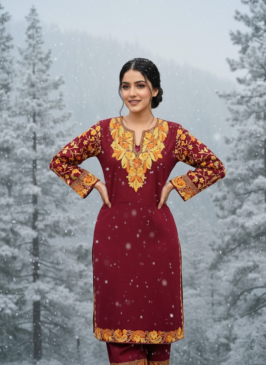 Maroon Floral Threadwork Pure Cotton Kashmiri Embroidery Kurta and Pant Set ( Size 40, 42)