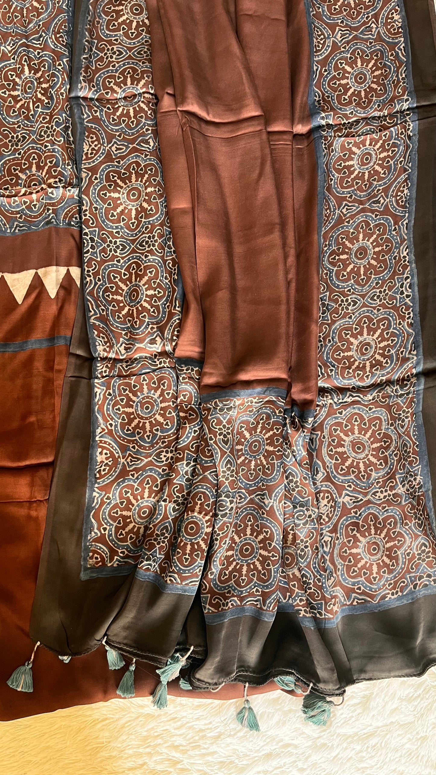 Dark Cocoa Shade Modal Silk Hand Block Print 2pc Suit Material Set with Modal Silk Dupatta