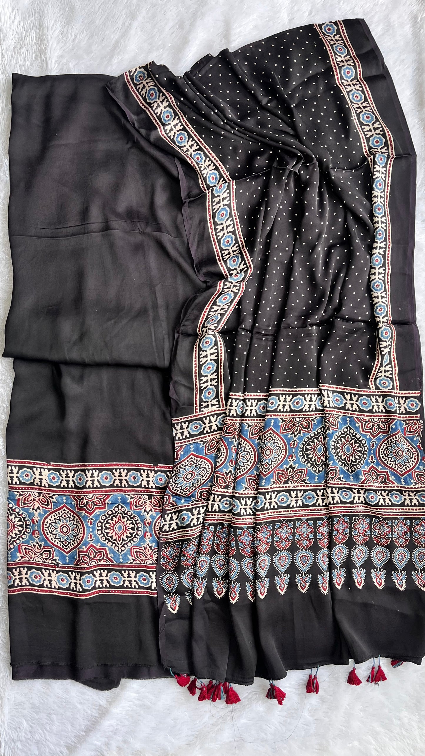Black Badaam and Polka Buti Motif Modal Silk 2pc Suit Material Set with Modal Silk Dupatta