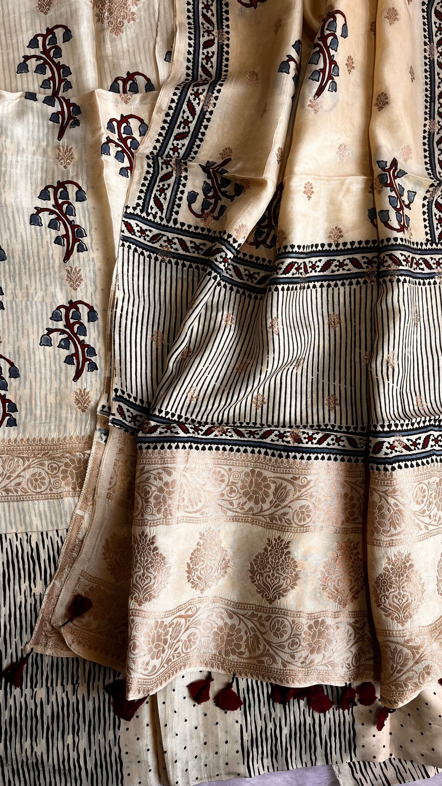 Off White Mugal Boota Pure Dola Silk Ajrakh Hand Block Print 2pc Suit Material Set with Menakari Yoke and Nakkashi Dupatta