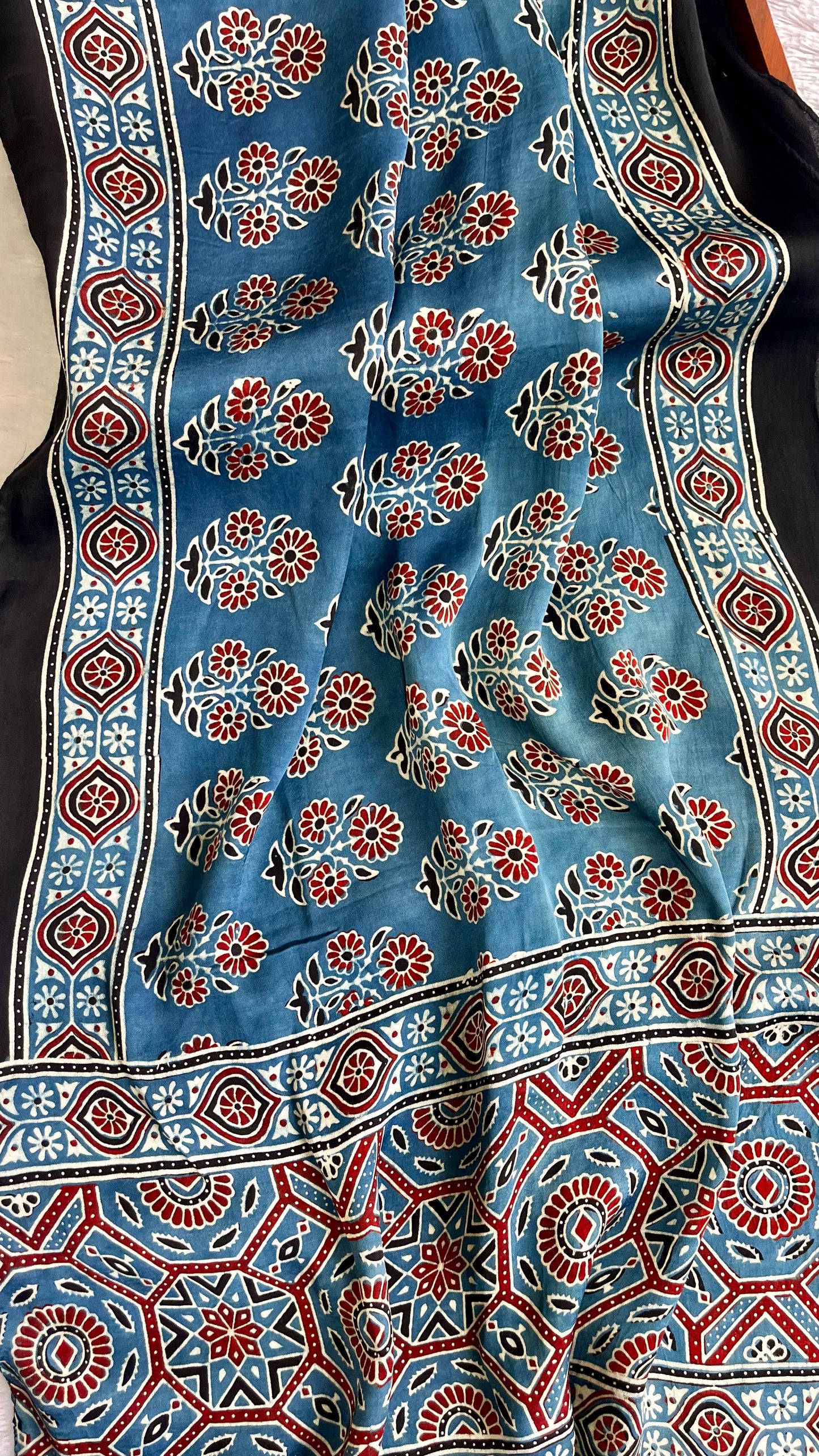 Blue Floral Buta Motif Ajrakh Hand Block Print Modal Silk Stole with Tassels