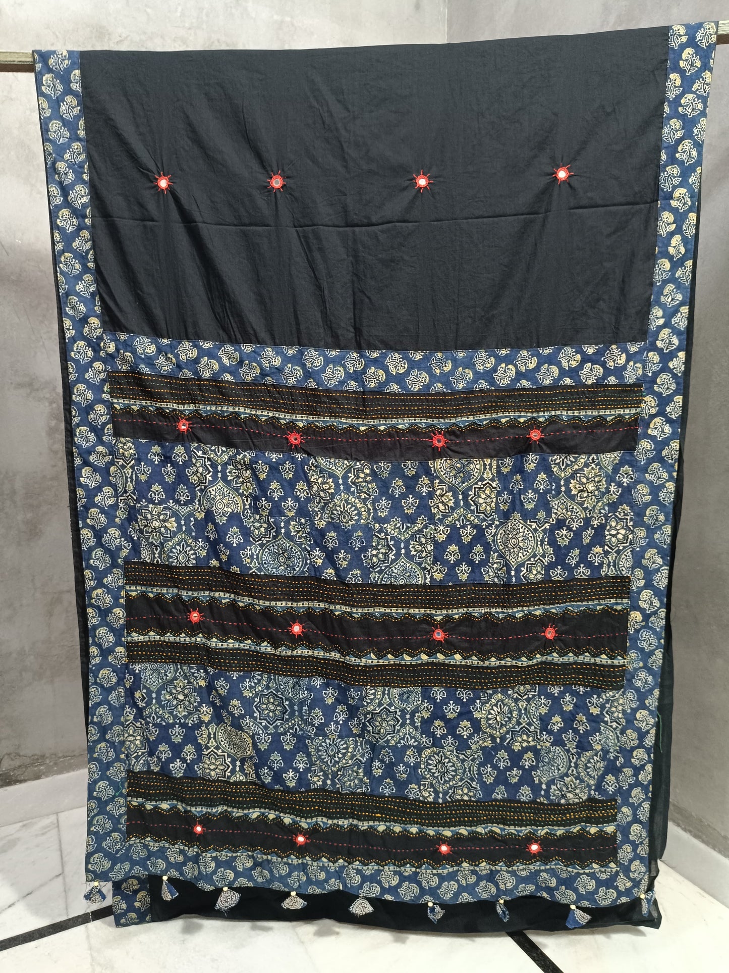 Black and Blue Ajrakh Patchwork Cotton Saree with Embroidery and Mirror Work