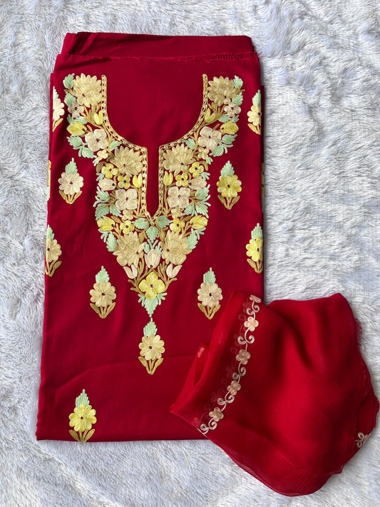 Maroon Muslin Cotton Kashmiri Aari Full Embroidered 3pc Suit Set