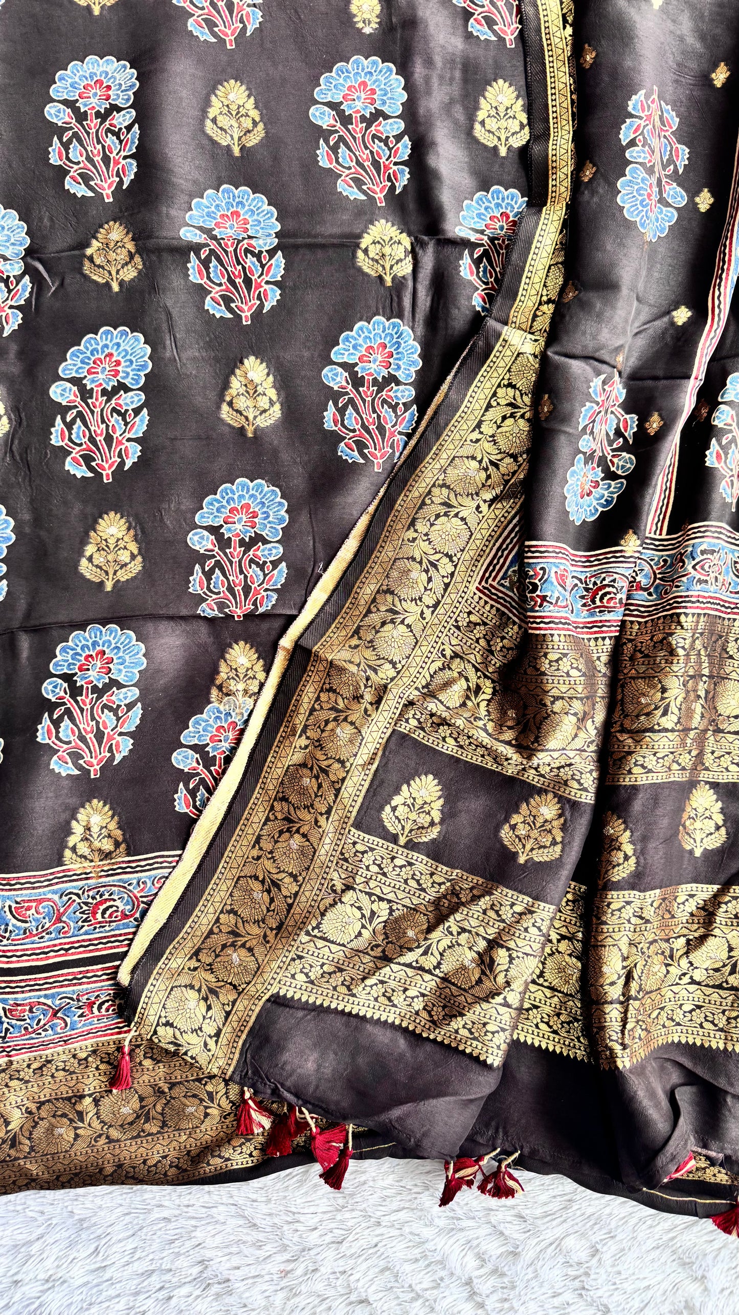 Black Mugal Buta Motif Pure Dola Silk Ajrakh Hand Block Print 2pc Suit Material Set with Zari Yoke and Nakkashi Dupatta