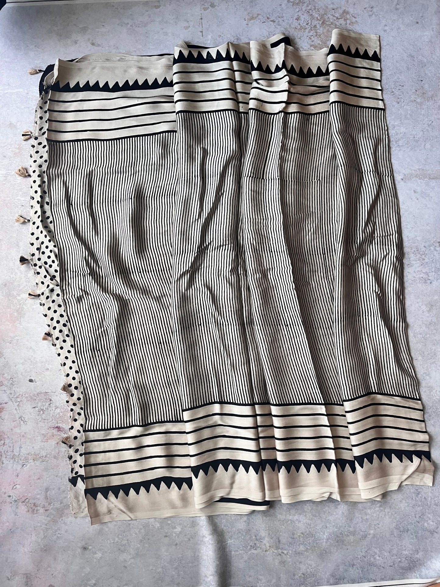 Black and White Lines Ajrakh Hand Block Natural Dye Modal Silk Saree With Blouse