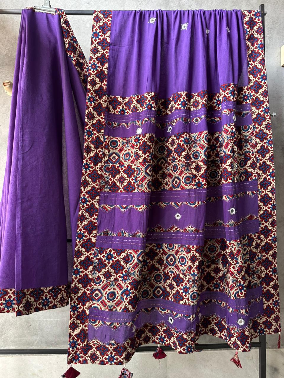 Purple Panache Pure Cotton Saree with Ajrakh Patchwork Embroidery and Mirror Work