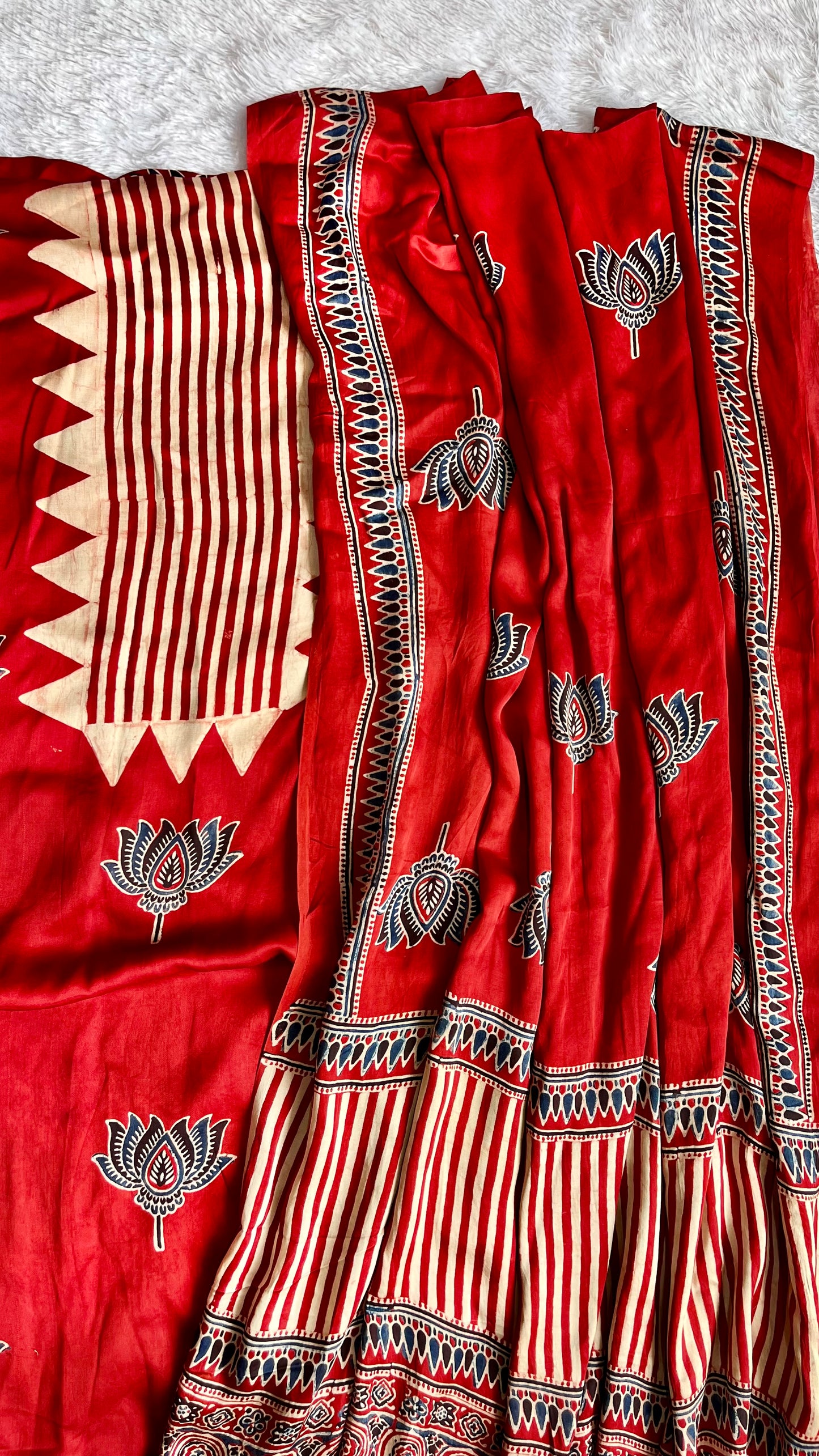 Deep Red Kamal Motif Pure Modal Silk Suit Set with Modal Silk Dupatta
