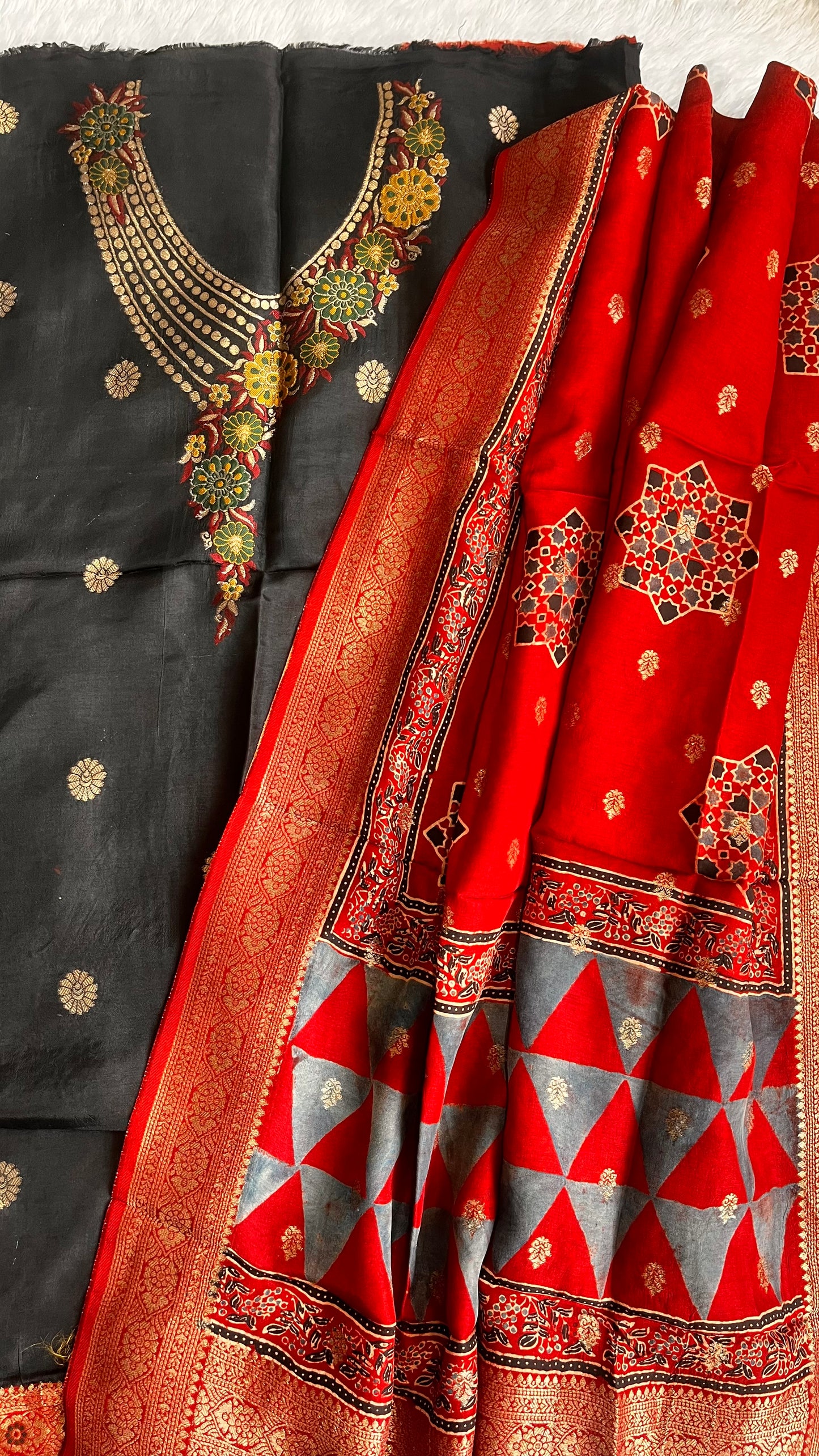 Black and Red Coin Boota Pure Dola Silk Ajrakh Hand Block Print 2pc Suit Material Set with Menakari Yoke and Nakkashi Dupatta