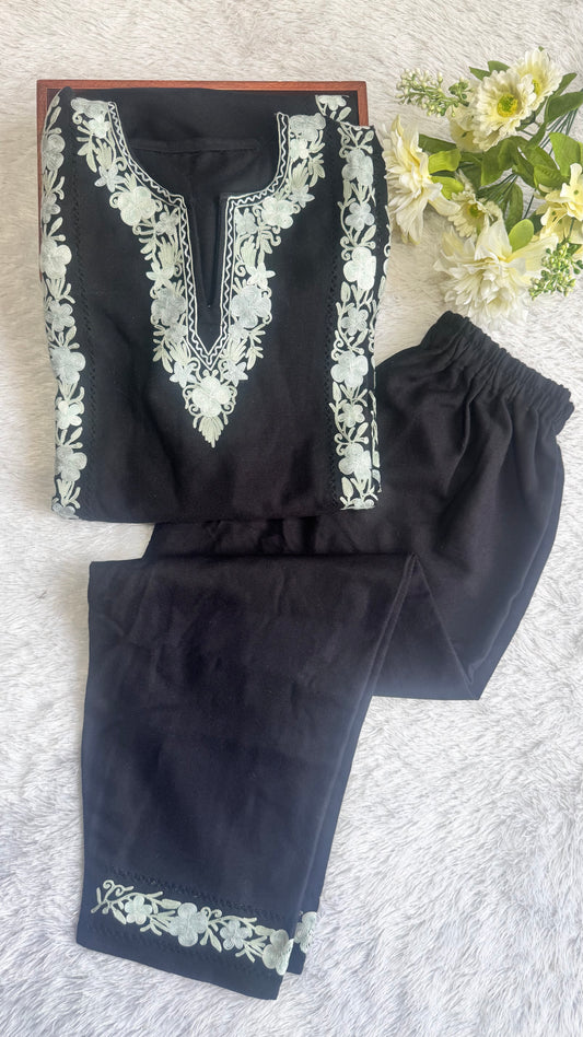 Classic Black Floral Kashmiri Aari Hand Embroidered Woollen Pheran Set with Pockets and Pants