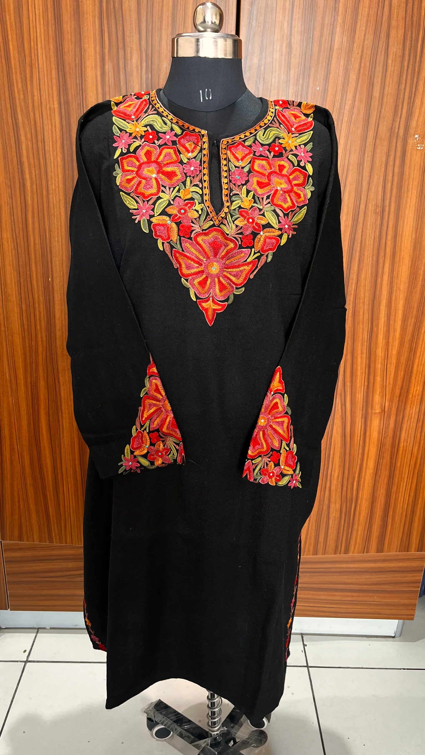 Majestic Black Hand Embroidered Pure Marino Wool Pheran with Pockets