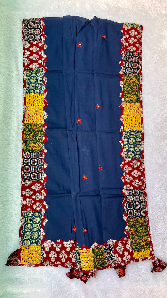 Navy Blue Ajrakh Applique Patchwork Border Cotton Dupatta with Mirror Work